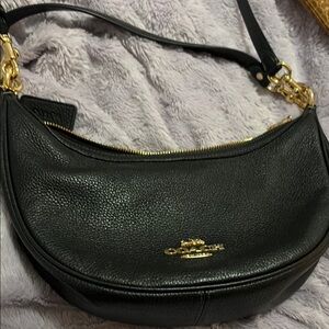 Coach Aria Black Pebbled Leather Shoulder Bag with Gold Accents